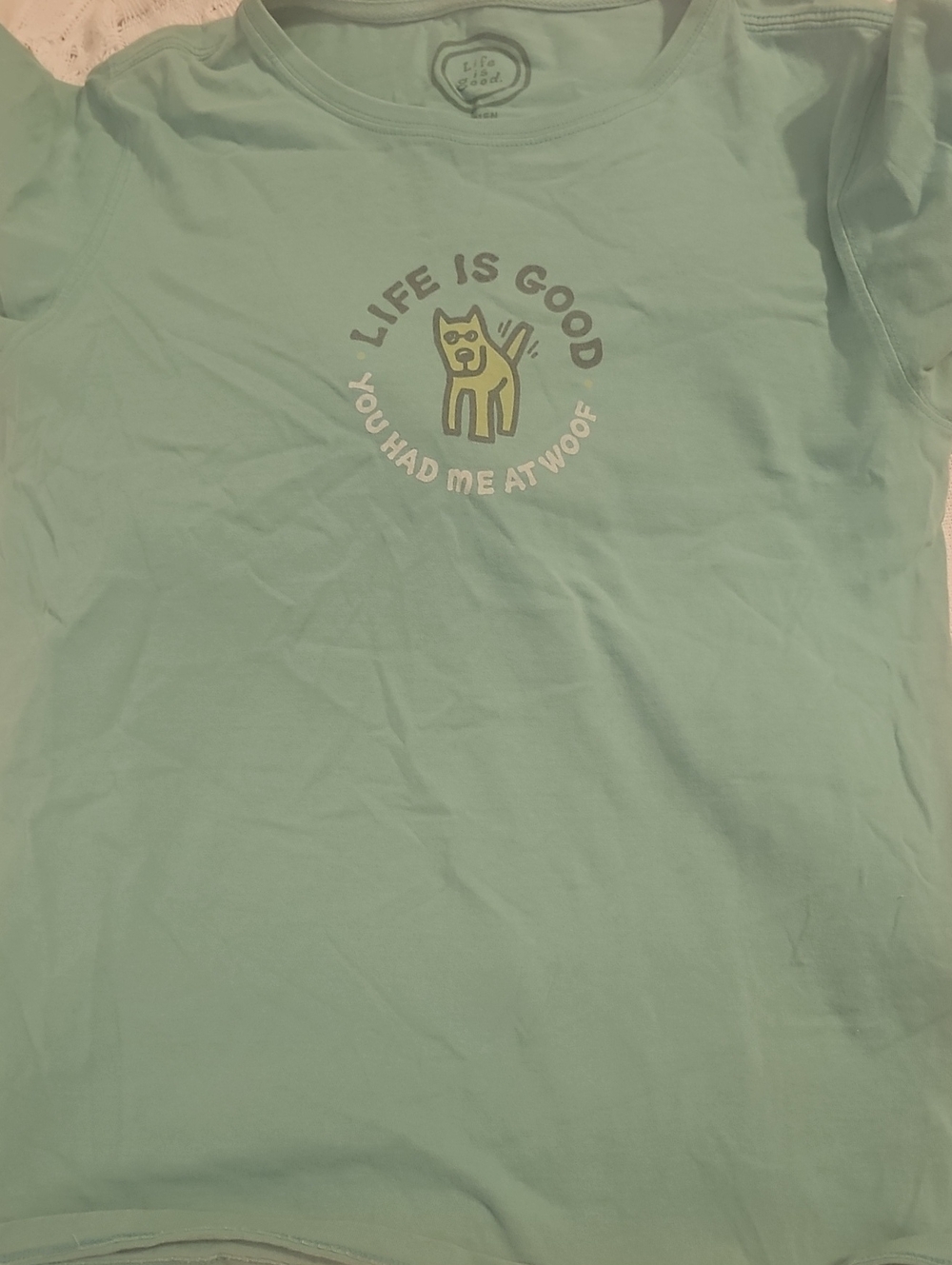 Life Is Good Dog Woof Mint Green Short Sleeve Tee Large Women